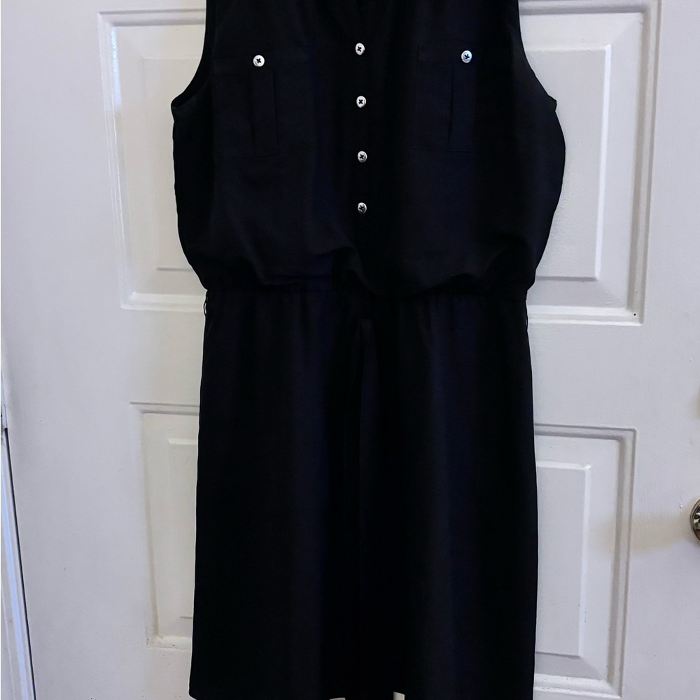 White House Black Market Black Sleeveless Button-Front Drawstring Mini Dress